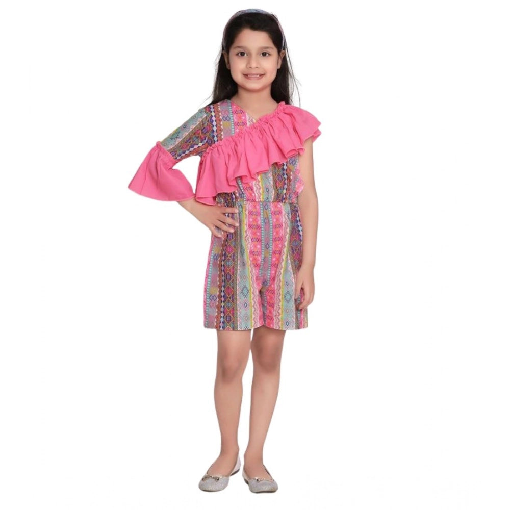 Generic Girl's Cotton   Polyester Printed 3/4th Sleeves Dress (Pink)