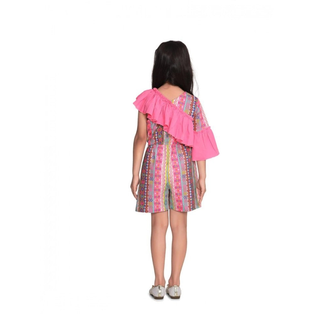 Generic Girl's Cotton   Polyester Printed 3/4th Sleeves Dress (Pink)