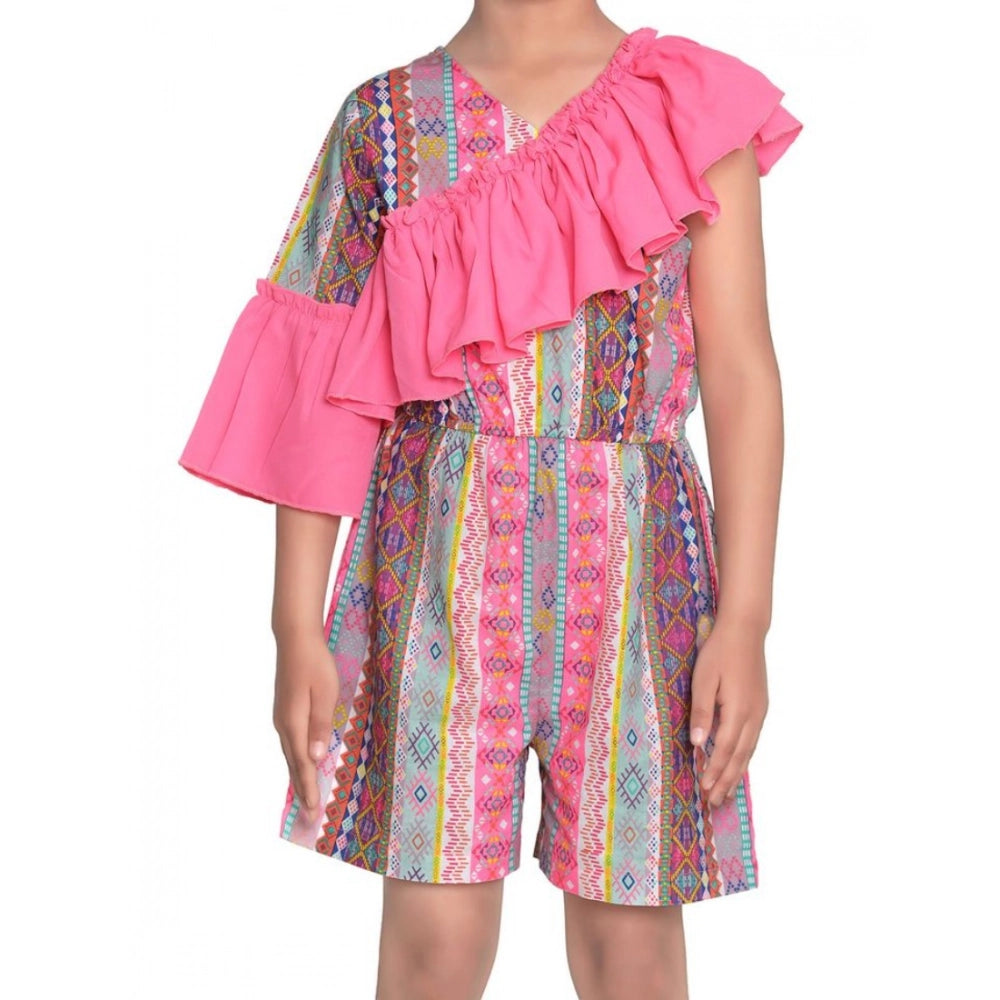 Generic Girl's Cotton   Polyester Printed 3/4th Sleeves Dress (Pink)
