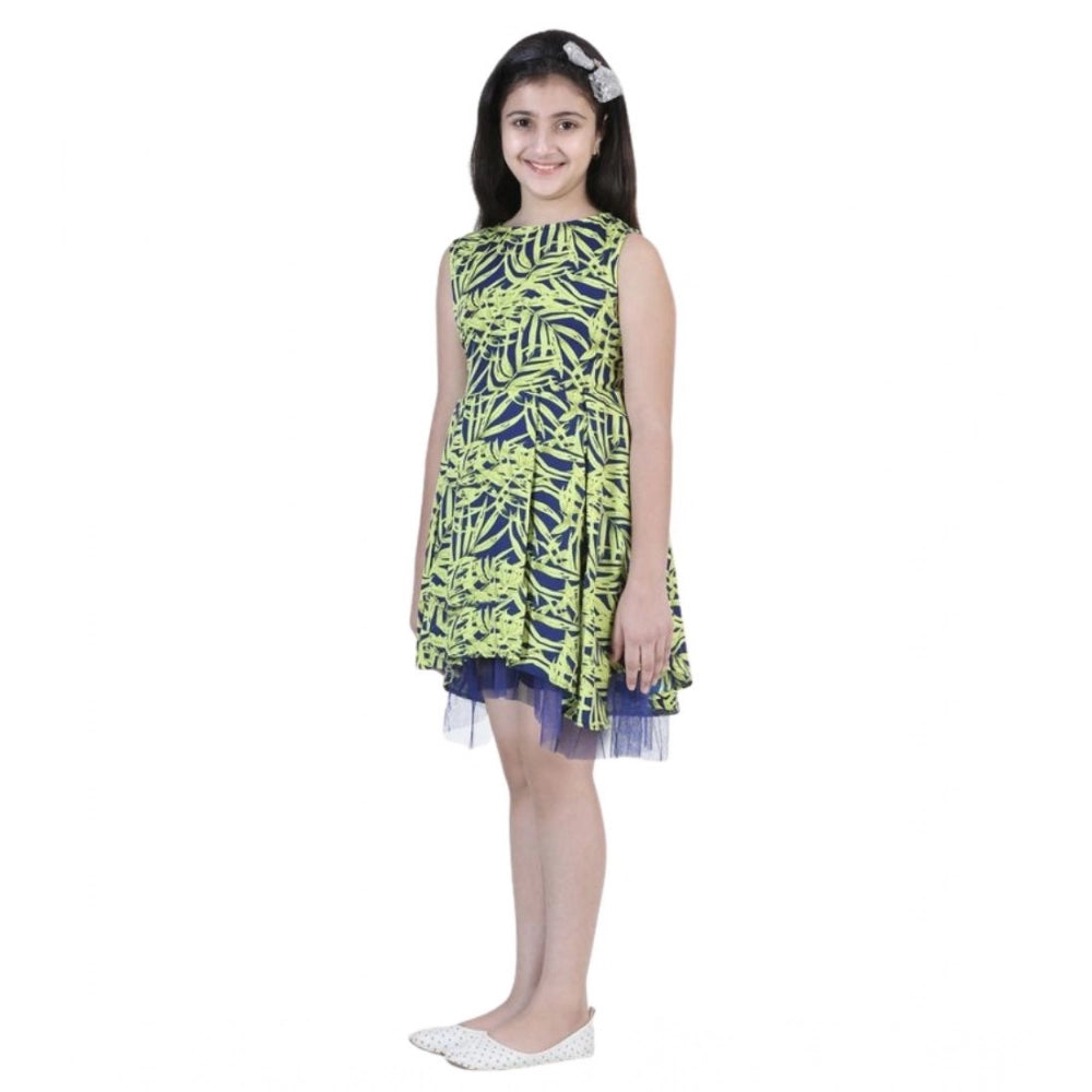 Generic Girl's Polyester Crepe   Net Printed Sleeveless Dress (Yellow-Blue)