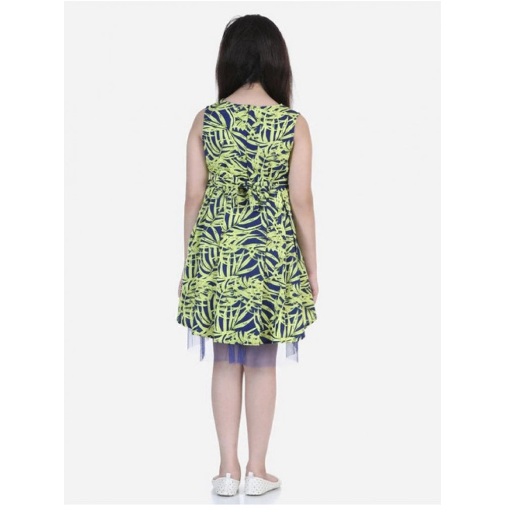 Generic Girl's Polyester Crepe   Net Printed Sleeveless Dress (Yellow-Blue)