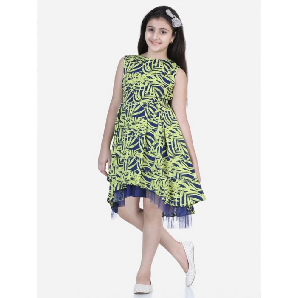 Generic Girl's Polyester Crepe   Net Printed Sleeveless Dress (Yellow-Blue)