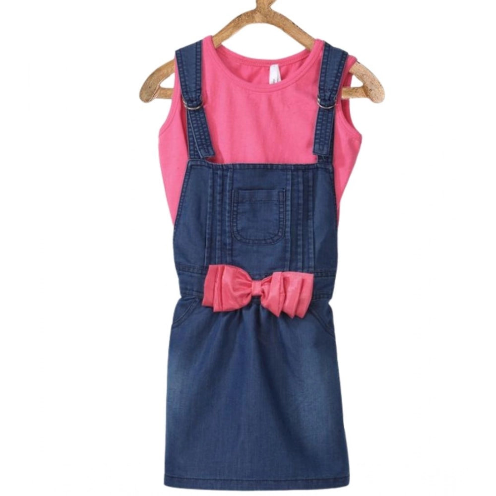 Generic Girl's Denim   Cotton Bow Sleeveless Dungaree (Pink)