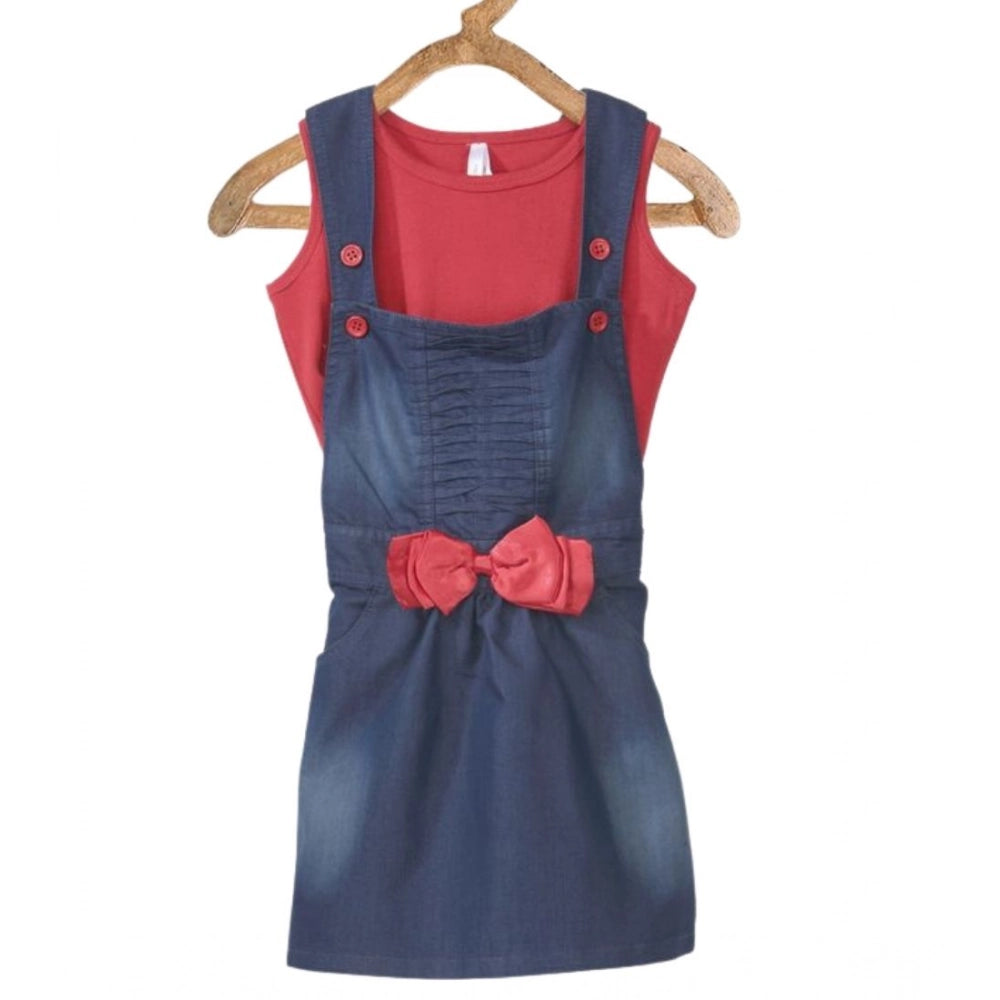 Generic Girl's Denim   Cotton Bow Sleeveless Dungaree (Red)
