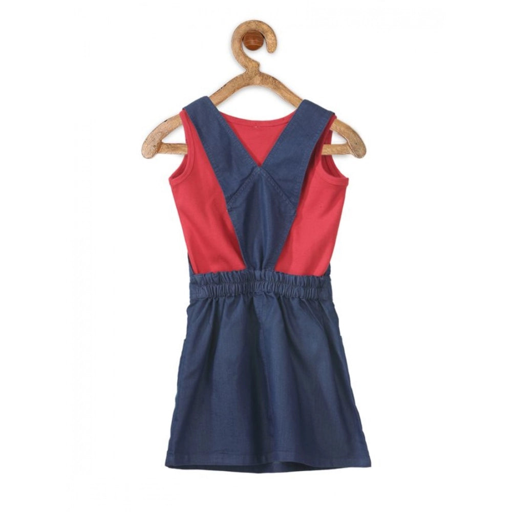 Generic Girl's Denim   Cotton Bow Sleeveless Dungaree (Red)