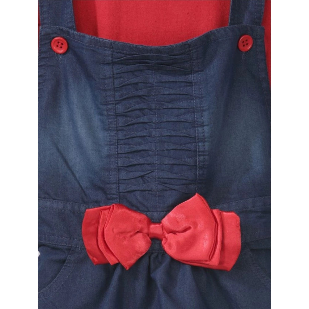 Generic Girl's Denim   Cotton Bow Sleeveless Dungaree (Red)