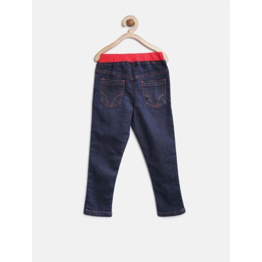 Generic Girl's Denim Ribbed Elasticated Jeans (Red-Blue)