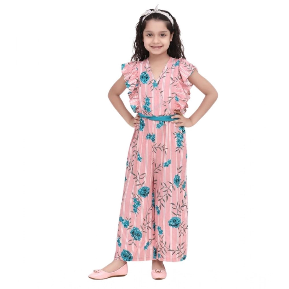 Generic Girl's Rayon Floral Flutter Jumpsuit (Pink-Blue)