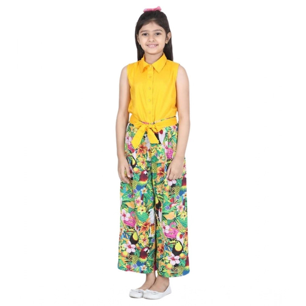Generic Girl's Rayon Flamingo Print Sleeveless Jumpsuit (Yellow-Multicolor)