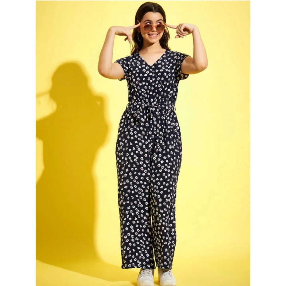 Generic Girl's Polyester Moss Floral Short Sleeves Jumpsuit (Navy-white)