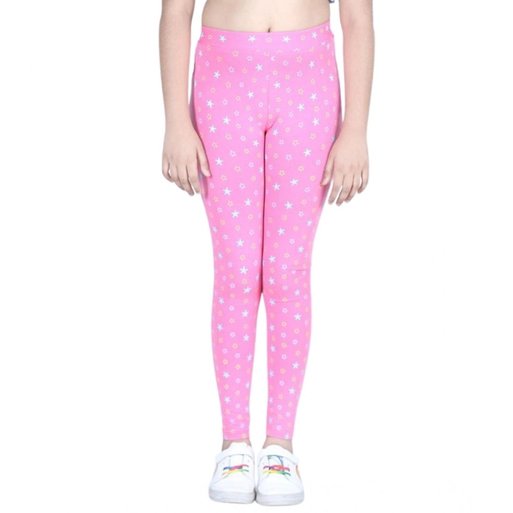 Generic Girl's Cotton Lycra Printed Elasticated Leggings (Pink)