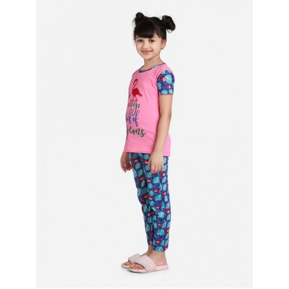 Generic Girl's Cotton Hosiery Printed Night Suit Set (Pink-Blue)