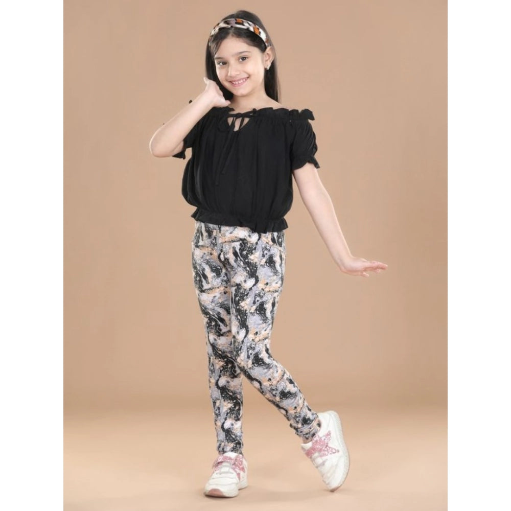 Generic Girl's Cotton Floral Elasticated Jegging and Top Set (Black)