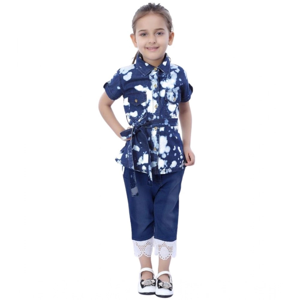 Generic Girl's Denim Tie   Dye Short Sleeve Top (Blue-White)