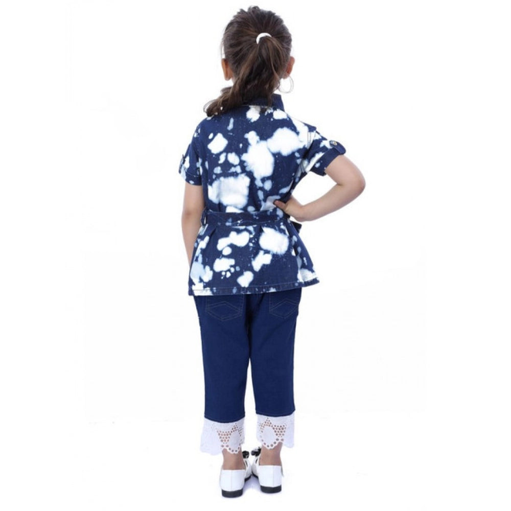 Generic Girl's Denim Tie   Dye Short Sleeve Top (Blue-White)