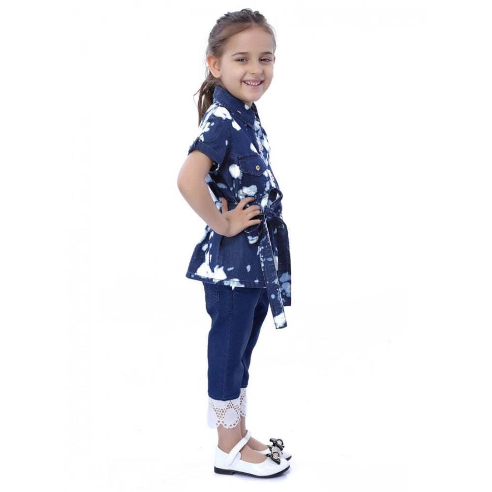 Generic Girl's Denim Tie   Dye Short Sleeve Top (Blue-White)