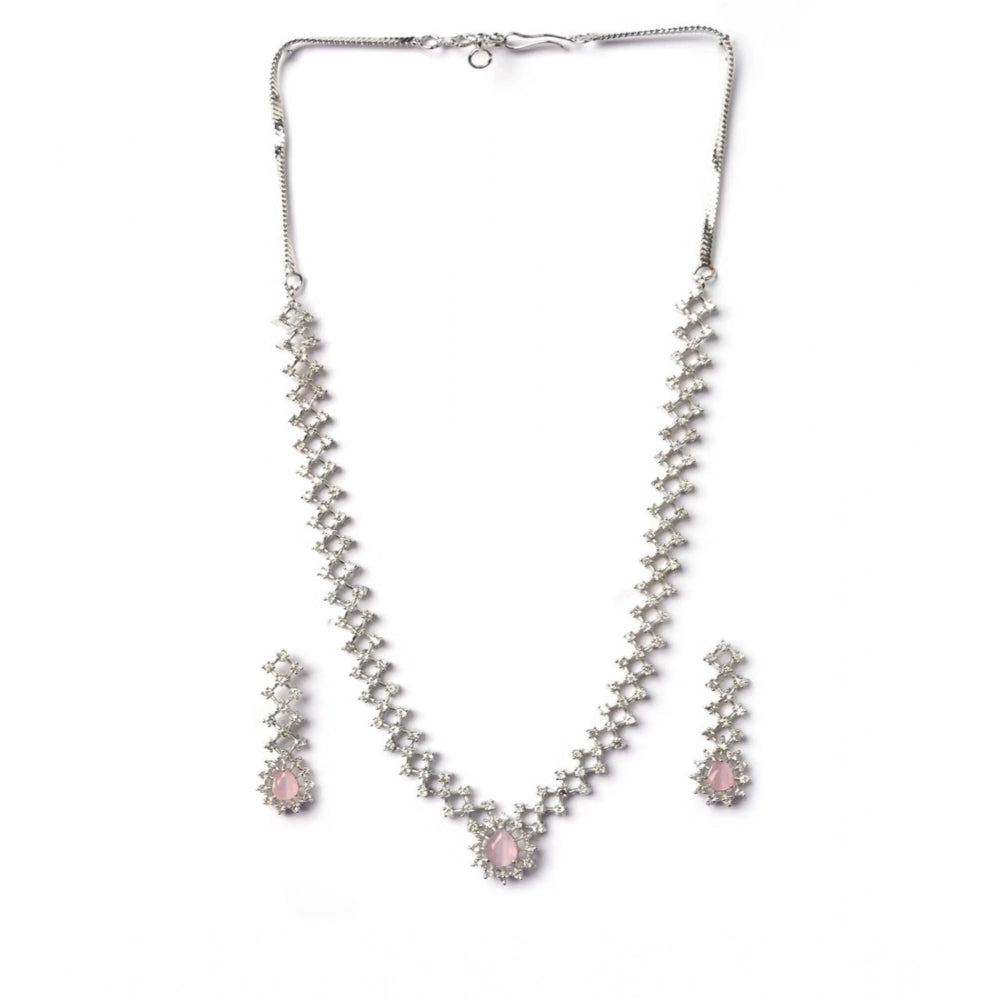 Women's Brass Silver Plated Necklace set (Pink)