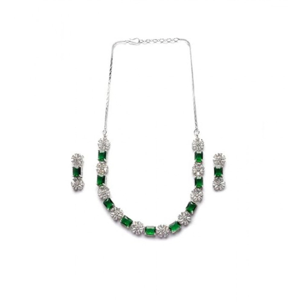 Women's Brass Silver Plated Necklace set (Green)