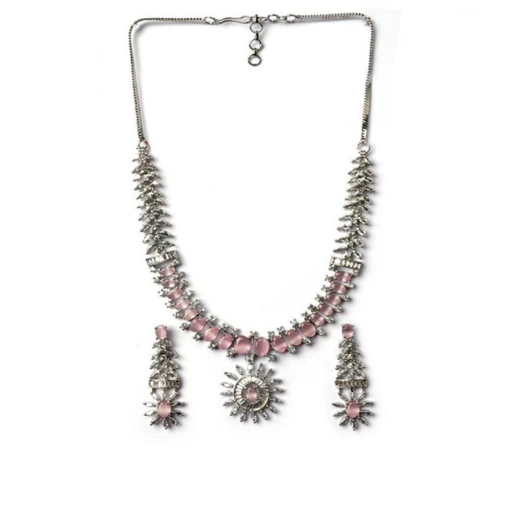 Women's Brass Silver Plated Necklace set (Pink)