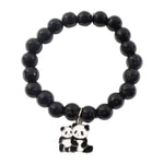 Black beaded stretch bracelet with panda charm shown on a person’s wrist.