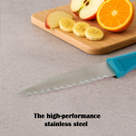 Close-up of surgical-grade stainless steel serrated paring knife