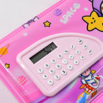 Compact dual compartment space themed pencil organizer with calculator