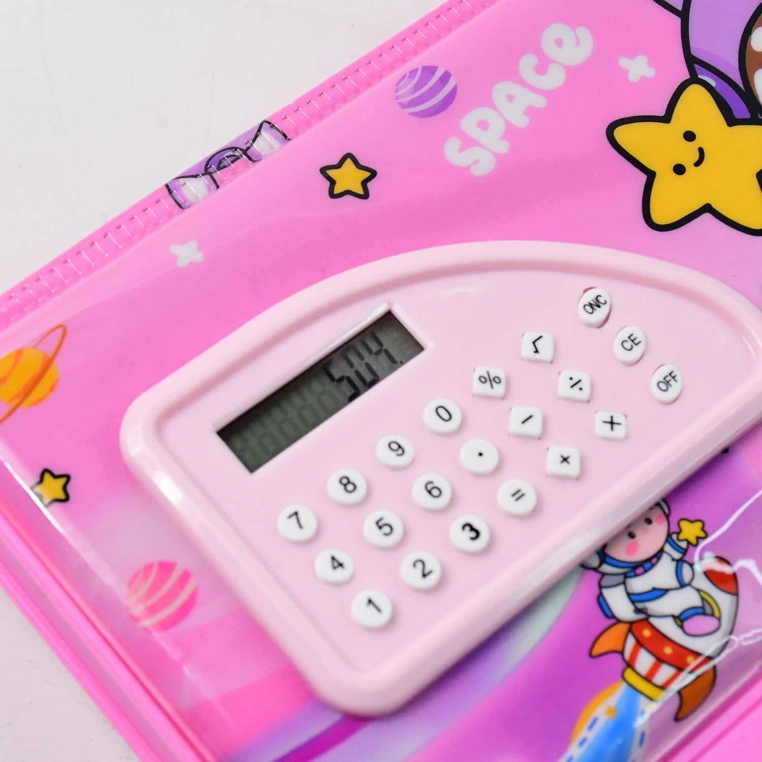 Compact dual compartment space themed pencil organizer with calculator