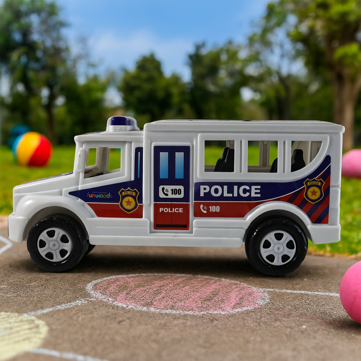 Side view of Police Van Toy showcasing friction powered mechanism and durable ABS plastic
