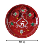 Size dimensions layout showing 21 cm diameter of decorated pooja thali