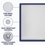 Ironing mesh press cloth protecting dark shirt fabric from iron shine