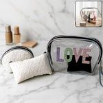 3-in-1 makeup bag set featuring transparent pouch with glitter LOVE design