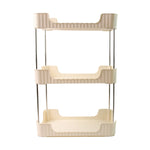 Compact plastic tier shelf with metal rods for corner storage