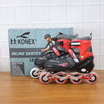 Adjustable inline skates placed outdoors, suitable for fitness skating