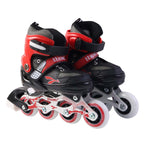 Pair of red inline skates with premium PU wheels and rear heel brake for safe stopping
