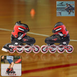Medium size adjustable inline skates for kids and adults with aluminum frame and red design
