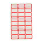 Single sheet showing multiple red and white self-adhesive rectangular label stickers