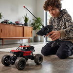 Rock Crawler RC Truck in dynamic off-road action, kicking up dust.