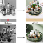 Rotating storage rack on a kitchen counter with spices and condiments.