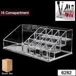 Close-up of clear acrylic compartments holding cosmetic products