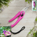 Stainless steel garden scissors with soft grip handles on a clean background.