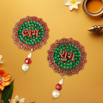 Set of two Shubh Labh round door hangings decorated with beads and stones