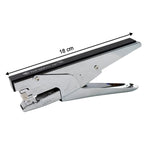 Metal plier stapler side view showing ergonomic grip