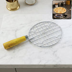Papad Jali Roaster made of stainless steel with a wooden handle on a clean background.