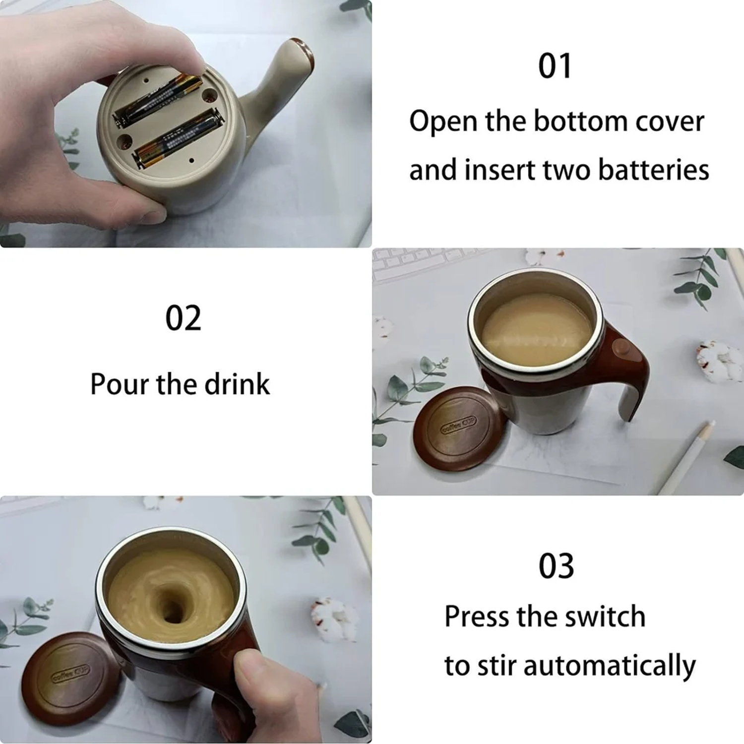 Side profile of the ergonomic and portable self-stirring coffee mug, ideal for travel.