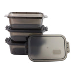 Three rectangular food storage boxes neatly stacked for efficient kitchen space.
