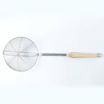 Stainless steel frying strainer with long handle for safe kitchen use