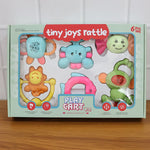 Multiple colorful baby rattles arranged for early learning activities