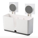 Storage bin set for toothbrush organization in bathroom with adhesive mount