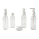 Travel bottle combo including pump, spray, and flip cap refillable containers