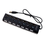 LED indicators on the 7 port USB hub showing active data ports.